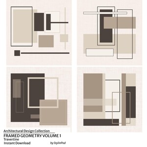 Pode incluir: Quatro impressões digitais quadradas com composições geométricas abstratas em tons de bege, creme e castanho escuro. Os designs incluem retângulos, quadrados e linhas finas sobrepostos. O texto diz: Architectural Design Collection FRAMED GEOMETRY VOLUME 1 Travertine Instant Download by StylinPod.