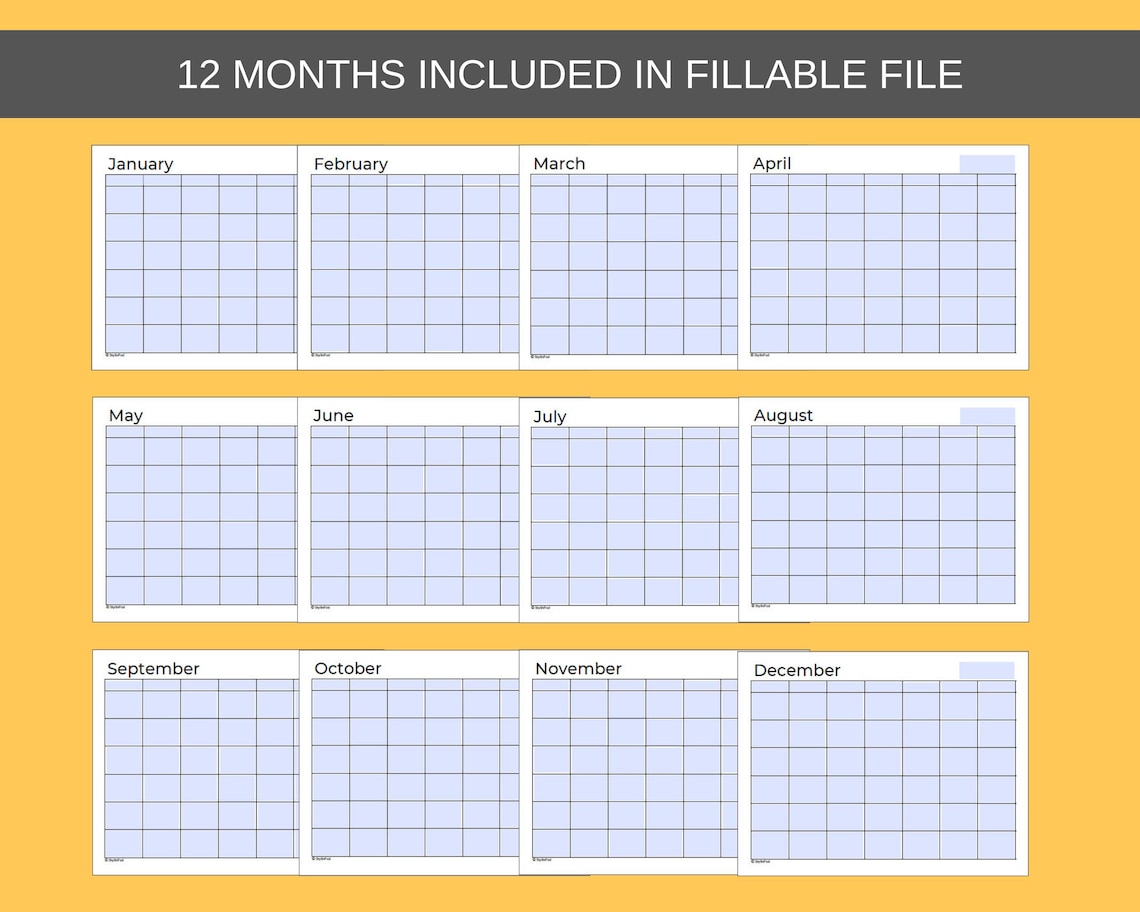 Blank Yearly Calendar Printable Fill Manually or as a Fillable Digital ...