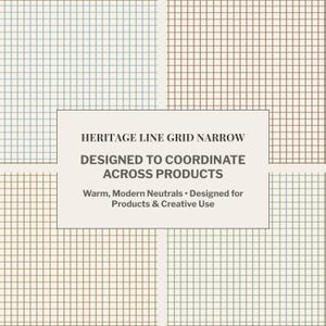 May include: A square image featuring four quadrants with grid patterns in muted colors: blue, brown, olive green, and tan. The center contains text: "HERITAGE LINE GRID NARROW DESIGNED TO COORDINATE ACROSS PRODUCTS".