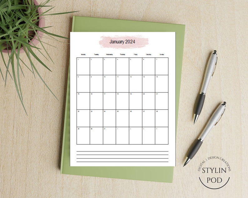 Yearly Calendar Template for 2024 Vertical, Printable and Fillable PDF