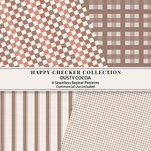 Könnte beinhalten: Eine digitale Kollektion mit dem Titel HAPPY CHECKER COLLECTION DUSTY COCOA mit 4 nahtlosen Wiederholungsmustern. Die Designs umfassen ein diagonales Schachbrettmuster, ein braun-weißes Karomuster, vertikale braune Streifen und ein feines braunes Gitter auf Weiß.