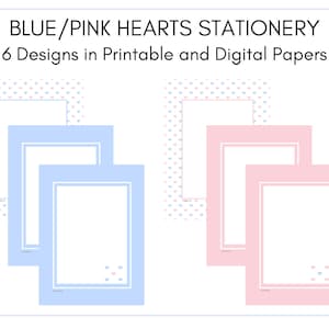 Conjunto estacionário em design de coração azul e rosa. Bonito papel de carta entregue em formatos US Letter e A4 forrado sem forro; imprimível e preenchível.