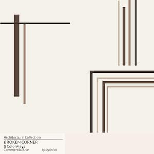 Könnte beinhalten: Ein digitales Grafikdesign mit einer Reihe von vertikalen und horizontalen Linien in Dunkelbraun, Hellbraun und Beige. Der Text am unteren Rand lautet Architectural Collection, BROKEN CORNER, 8 Colorways, Commercial Use, by StylinPod.