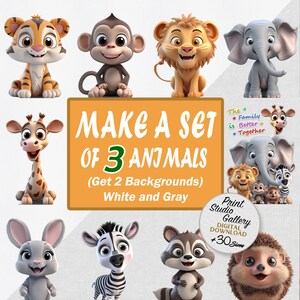 Set of 3 wall art jungle nursery baby animals 3D digital art prints, Kids room art baby shower gift digital prints download