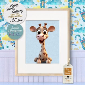 Giraffe nursery decor digital prints, Baby Giraffe 3D PRINTABLE wall art, safari nursery decor first birthday decor instant download