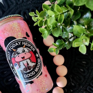 Cute Cow Not Today Heifer Snowglobe Glass Tumbler 18oz, Snow Globe Glitter and Rhinestone Tumbler, Iced Coffee Lover, Travel Iced Coffee Cup