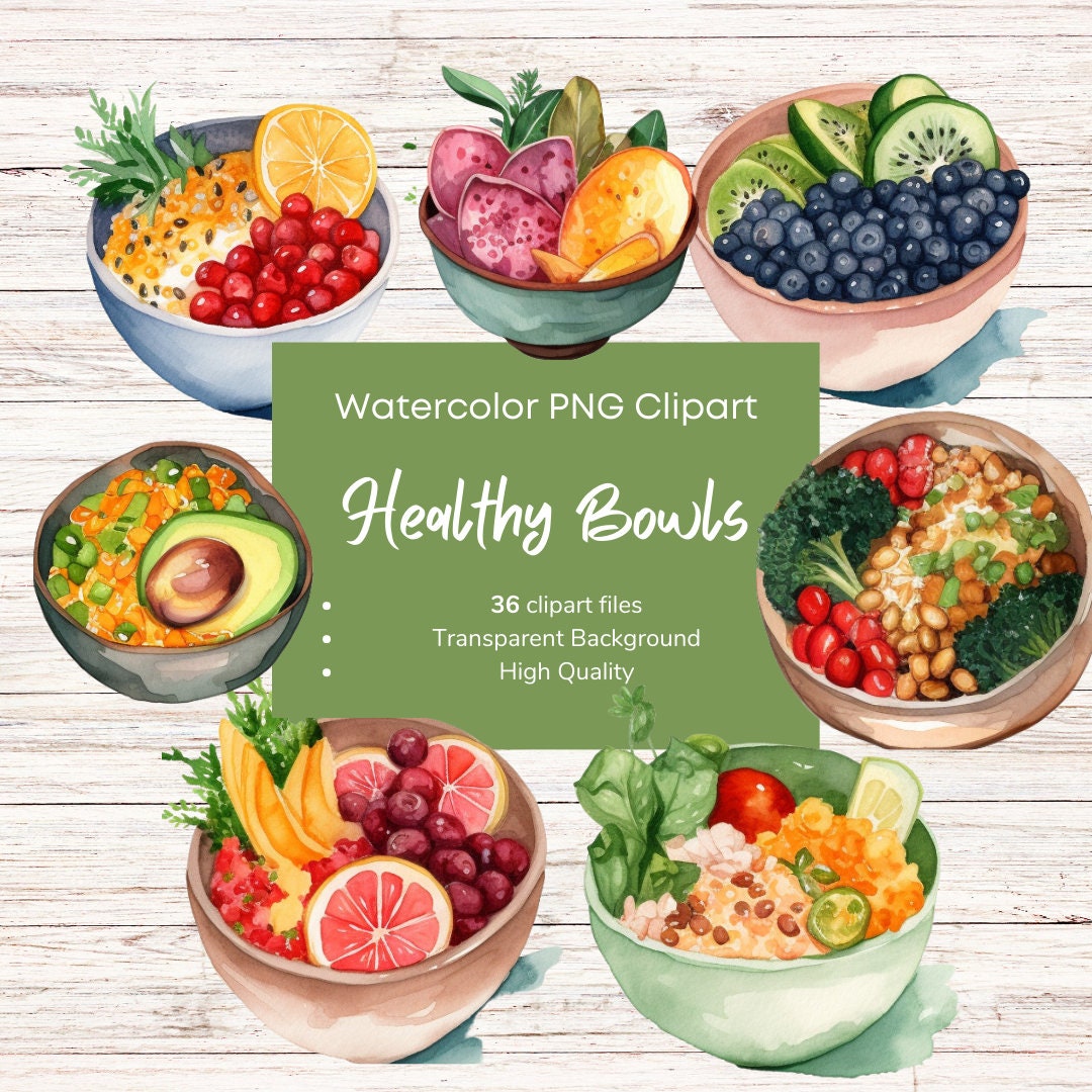Watercolor Healthy Bowl Clipart Bundle Fruit Bowl Digital - Etsy