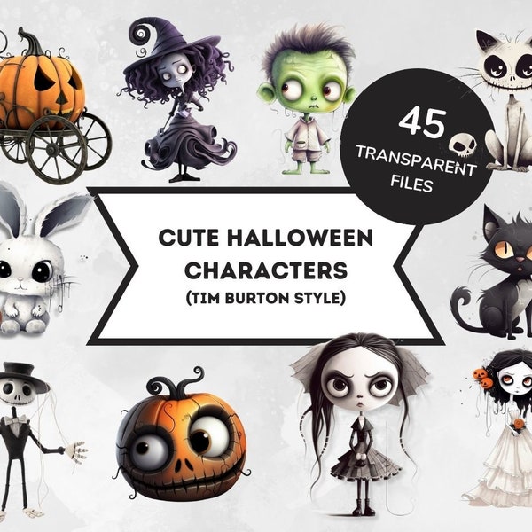 45 Cute Tim Burton Characters Clipart: Halloween Art for Crafts and Decor | PNG Bundle | Instant Download | Commercial use