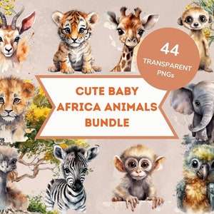 Cute Baby African Animals Watercolor Clipart Bundle - 44 PNG Graphics, Instant Digital Download, Sublimation, Junk Journal, Commercial Use