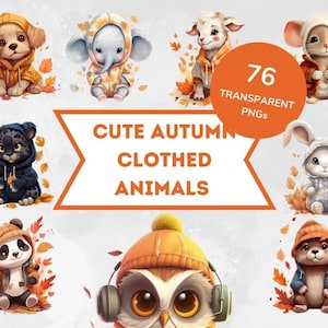 Autumn Clothed Animals - Watercolor Clipart Bundle of 76 - Transparent Background Digital Download PNG Graphics Commercial Use-  Cute Autumn
