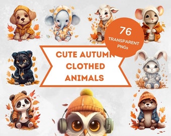 Autumn Clothed Animals - Watercolor Clipart Bundle of 76 - Transparent Background Digital Download PNG Graphics Commercial Use-  Cute Autumn