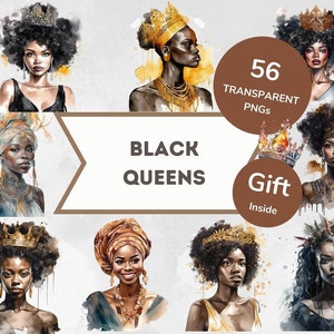 Black Queens Watercolor Clipart Bundle - 56 PNG Images + Gift, Graphics, Instant Digital Download, Commercial Use, Black Woman, Black Girls
