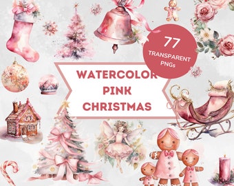 Pink Christmas Watercolor Clipart Bundle, Instant Digital Download, Commercial Use, Pink Winter, Junk Journals, Invitations, Sublimation
