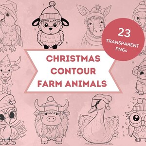 Christmas Contour Animals Clipart Bundle - 23 Transparent PNG Graphics, Instant Digital Download, Sublimation, Junk Journal, Commercial Use