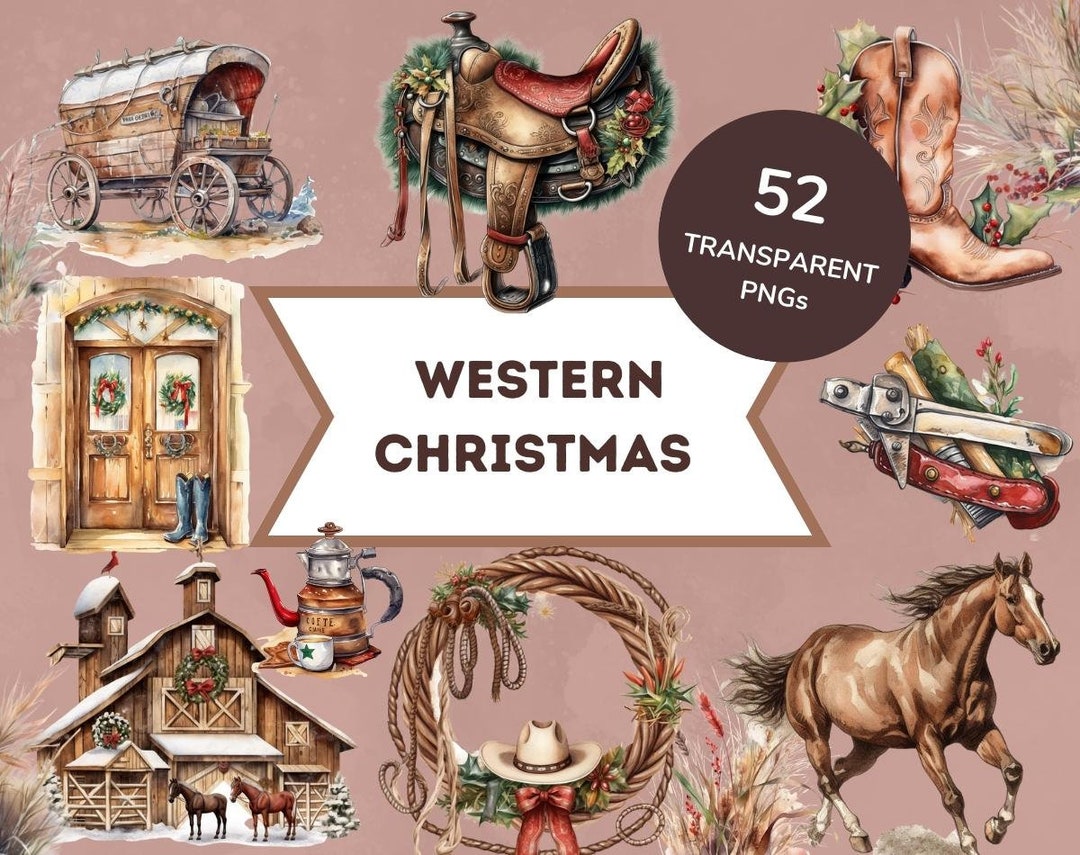 Western Christmas Watercolor Clipart Bundle PNG Graphics, Instant