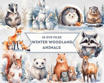 36 Winter Woodland Animals Clipart BUNDLE, Watercolor, Commercial use, Transparent background, Nursery Clipart, Fox, Bear, Deer, Hedgehog