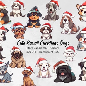 Cute Kawaii Christmas Dogs MEGABUNDLE Clipart - 100 + grafica PNG, download digitale istantaneo, uso commerciale, clipart per animali domestici, razze di cani