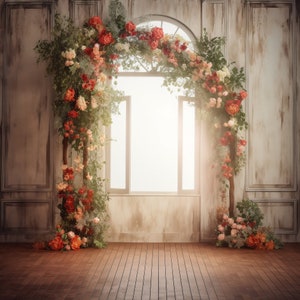 Pode incluir: Um arco de madeira rústico decorado com uma guirlanda floral de flores vermelhas, rosas e brancas. O arco está na frente de uma janela com um fundo branco.