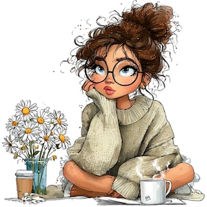 33 Watercolor Coffee Girl Clipart – Spring Easter PNGs (Digital Download)