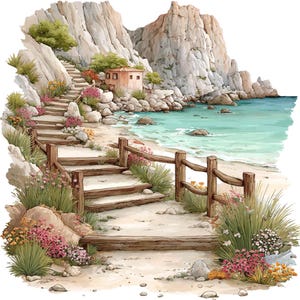 May include: Watercolor illustration of a coastal scene with a wooden staircase leading down to a sandy beach. A wooden fence runs along the stairs. The beach has turquoise water, rocky cliffs, and a small building.