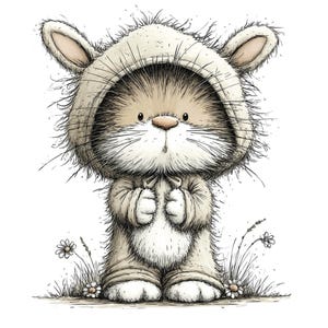 May include: A whimsical illustration of a cat wearing a bunny costume. The cat is depicted in soft, neutral tones with a fluffy texture, standing on a patch of grass with daisies. The bunny hood has long ears and a bow.