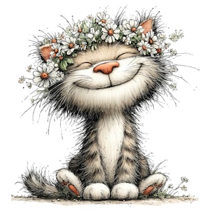 May include: A smiling cartoon cat wearing a daisy flower crown. The cat has a light brown and gray striped coat, a pink nose, and closed eyes. The image is a whimsical illustration with a white background.