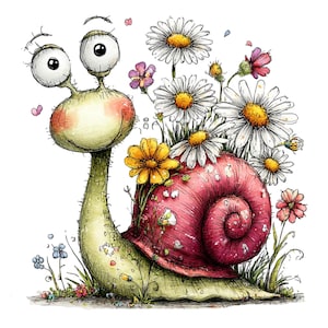 Könnte beinhalten: Eine skurrile Illustration einer Schnecke mit großen, ausdrucksstarken Augen und einem Gehäuse, das mit Gänseblümchen und anderen Wildblumen verziert ist. Der Körper der Schnecke ist hellgrün, und das Gehäuse ist leuchtend rot mit weißen Punkten. Der Stil ist handgezeichnet.