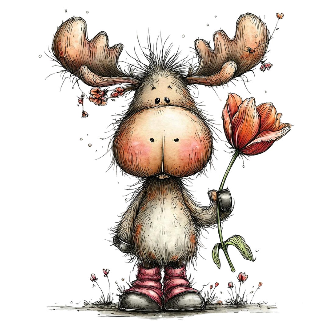 Spring Cute Moose Whimsical Spring Moose Clipart — 30 Watercolor Pngs, Digital Download ...