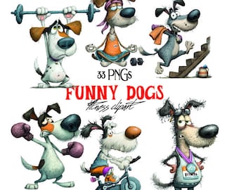 May include: A collection of cartoon dogs engaged in various fitness activities. The image includes dogs lifting weights, meditating, running stairs, boxing, cycling, and wearing a fitness medal. Text reads "33 PNGs" and "FUNNY DOGS fitness clipart."