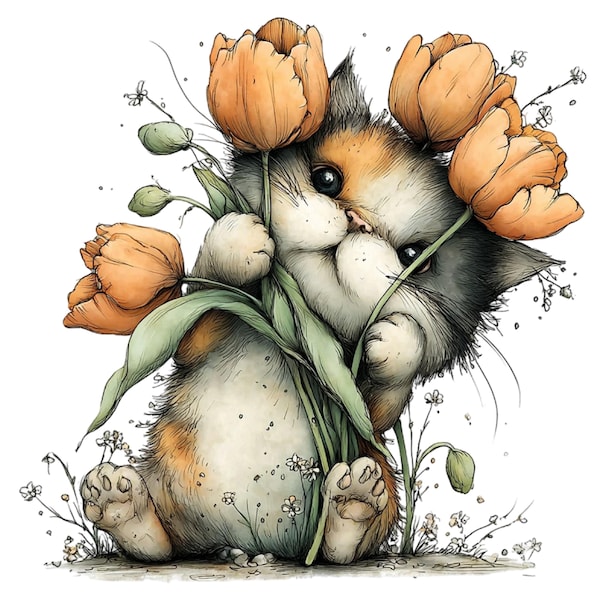 26 imágenes prediseñadas de gatos en acuarela con un toque caprichoso: imágenes PNG de felinos con motivos florales primaverales (descarga digital)