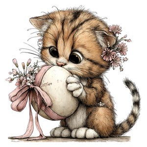 May include: A watercolor illustration of a cute kitten with big eyes, holding a decorated Easter egg. The kitten has brown and tan fur, with a floral crown and a pink ribbon tied around the egg. The egg is off-white with floral accents.