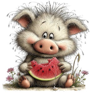 May include: A cartoon illustration of a pig with light gray fur, a pink snout, and big eyes. The pig is sitting and holding a large slice of watermelon with a bite taken out of it. Pink flowers and grass are in the foreground.