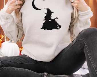 Heksensweater, halloween-sweater met ronde hals, gezellige herfsttrui, halloweencadeau, heksenontwerpkleding, herfststijl