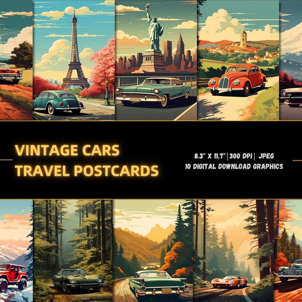 Vintage Cars Posters, Retro Car Postcards, Travel Wall Decoration,  Postcards Bundle, Digital Download