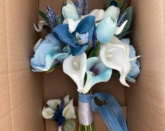 Braut blauer Blumenstrauß mit Boutonniere, blaue Blume Hochzeitsstrauß, Brautblume, Hochzeit Blumenstrauß, getrocknete weiß blaue Blumensträuße