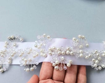 Pearly Wedding Ribon Sash Belt, Bridal Beaded Sash, Pearly Beaded Bridal Sash, Wedding Sash Belt With Pearly Beaded, Wedding Dress Sash
