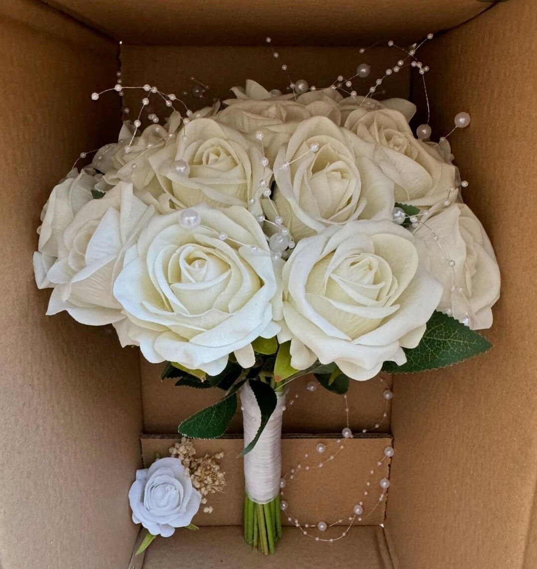 Chic White Rose Bridal Bouquet With Boutonniere, Artificial Flowers - Etsy