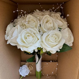 Chic White Rose Bridal Bouquet With Boutonniere, Rose Bridal Bouquet, White Bridal Bouquet with Boutonniere, Elegant Rose Bridal Bouquet