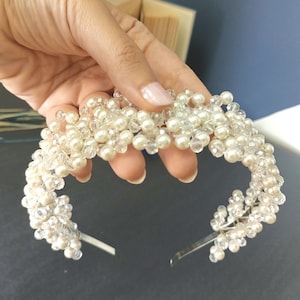 Chic Pearly Bridal Tiara, Bridal Headband, Bridal Crown With Pearl Beaded, Tiara for Bride, Wedding Headpiece, Wedding Headband, Bride Gift