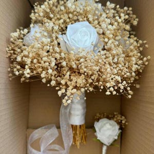 Chic White Rose Bridal Bouquet With Boutonniere, Rose Bridal Bouquet, White Bridal Bouquet with Boutonniere, Elegant Rose Bridal Bouquet