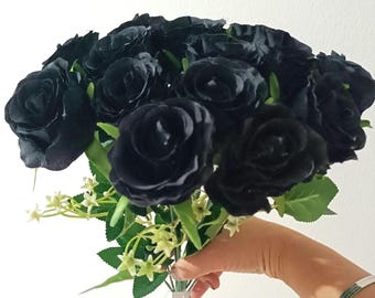Artificial Realistic Black Rose Bunch, Black Rose Bridal Bouquet, 10 Pieces Black Rose Bouquet, Black Home Decor, Wedding Table Centerpieces