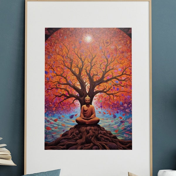 Buddha in-front of the tree of life, Wall Art, Meditation Print, Buddhism Art, Digital Download