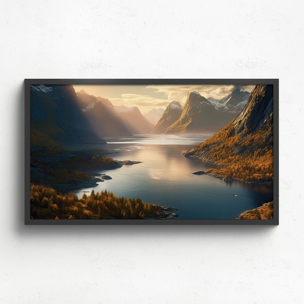 Nordic Fjord panoramic printable, Digital Art, Scandinavian View, Wall Art, Fjord Poster, Digital Download