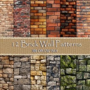 May include: Twelve digital paper patterns featuring brick and stone wall textures. The patterns are 300 DPI and 12x12 inches.