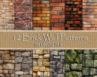 12 Brick texture digital scrapbook papers Digital Backdrops, brick wall digital renders, background paper, old stone wall texture