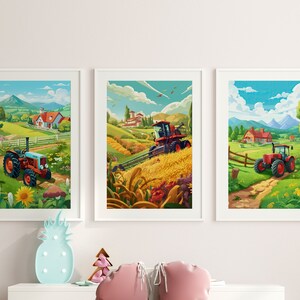 Puede incluir: Tres ilustraciones enmarcadas de escenas de granjas con tractores. La primera imagen muestra un tractor azul y rojo en un campo verde con una granja en el fondo. La segunda imagen muestra un tractor rojo cosechando trigo en un campo. La tercera imagen muestra un tractor rojo conduciendo por un camino de tierra en un campo verde.