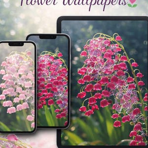 May include: Digital devices displaying floral wallpapers. The screens showcase close-up images of pink and red bell-shaped flowers with water droplets. The text "Calming Dew Flower Wallpapers" is at the top.
