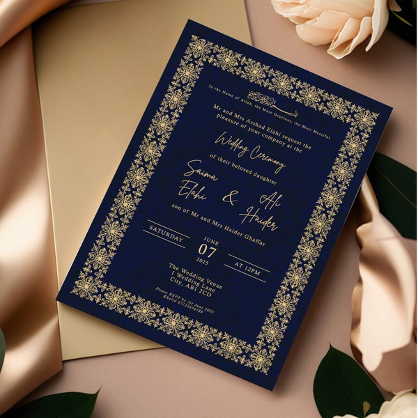 Islamic Wedding Invitation Card | Digital Wedding Card | Personalised Wedding Invite | Islamic Prints | Nikkah Ceremony | Regal Navy Gold