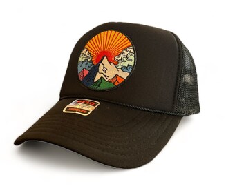Sunrise Mountain Embroidered Patch Trucker Hat Black, Otto