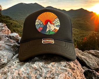 Sunrise Mountain Embroidered Patch Trucker Hat Black, Otto Trucker Hat